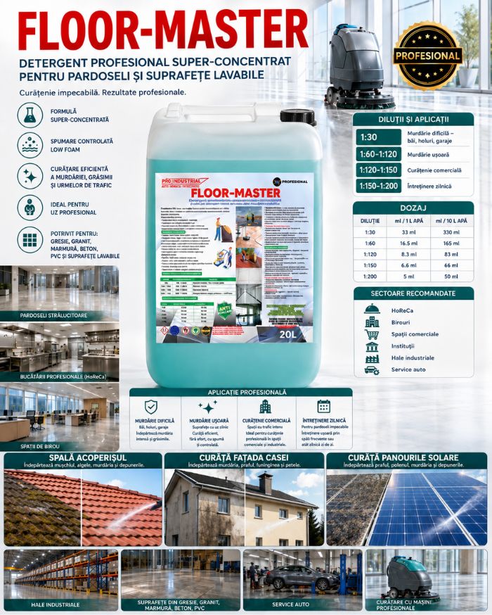 Detergent alcalin profesional pentru pardoseli  fațade, acoperișuri panouri solare / fotovoltaice  curți, pavaje din beton sau piatră. Elimină grăsimi și murdărie industrială. Ideal pentru mașini automate și curățare manuală 